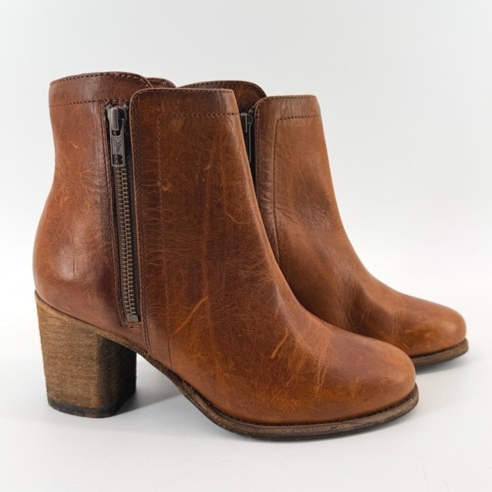 Frye Addie Double Zip Bootie Cognac Brown Leather Ankle Boots Women 7M Deadstock